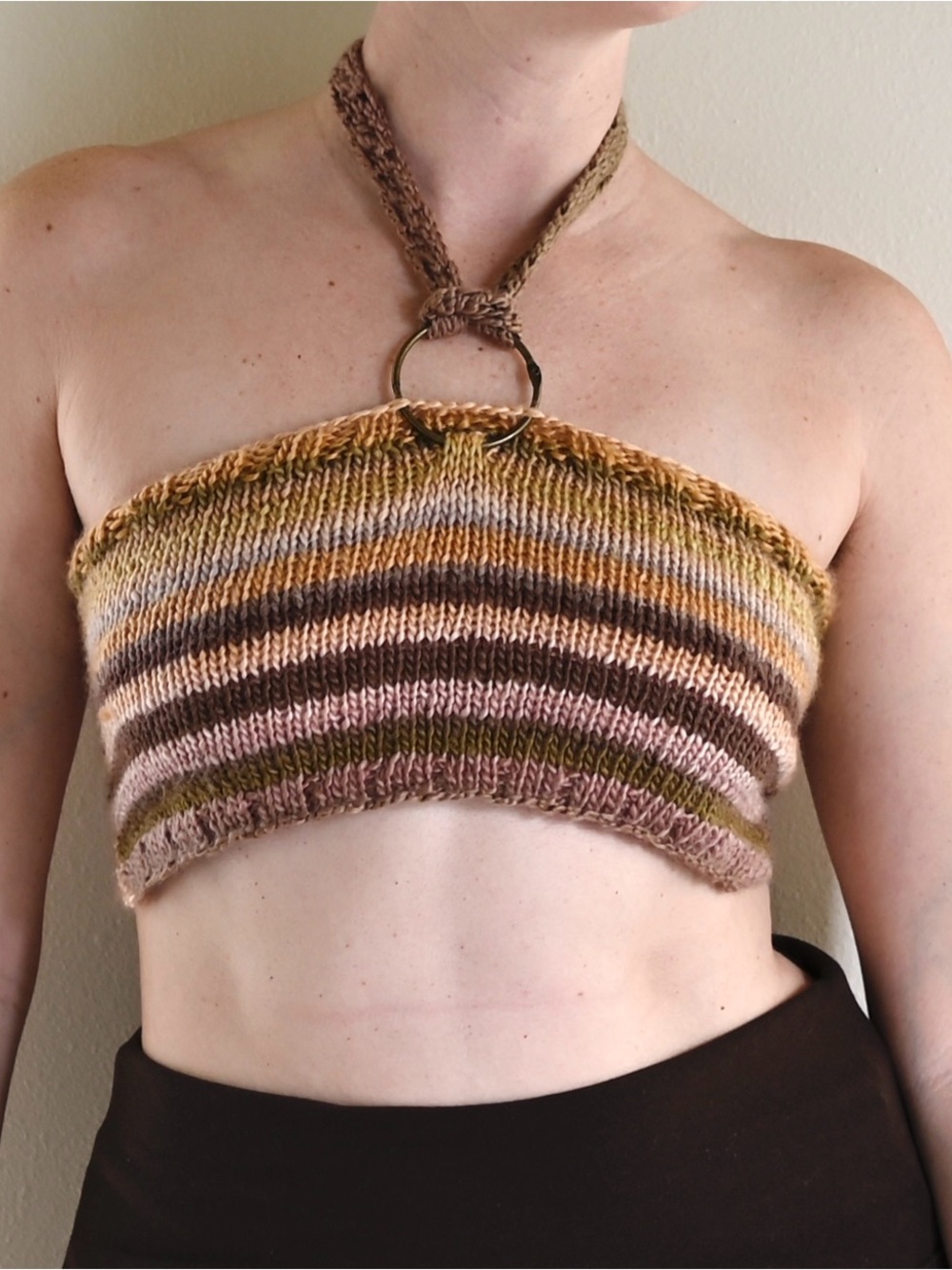 Handmade Striped Halter Crop Top Earthy Brass Ties S
